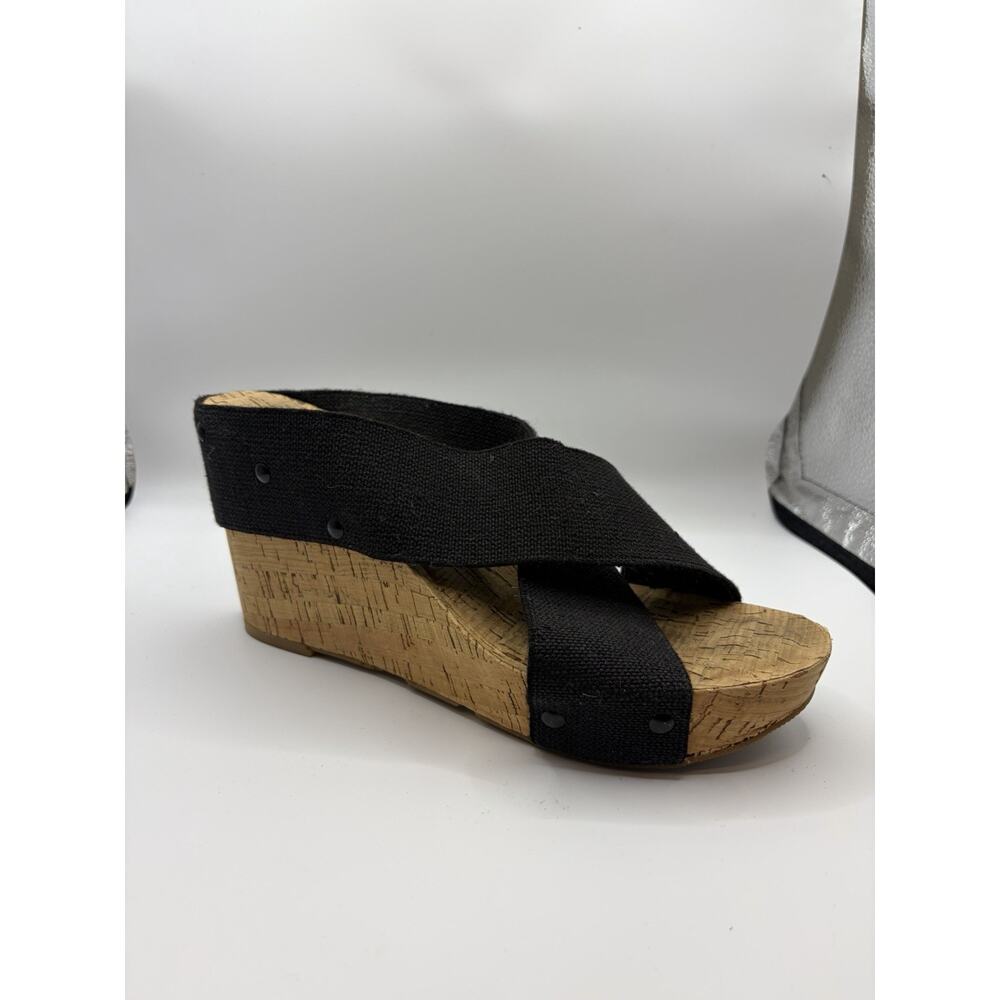 Lucky Brand Cork Wedge Sandals Womens 9 Black Canvas Criss Cross Slide Shoes - Picture 6 of 11
